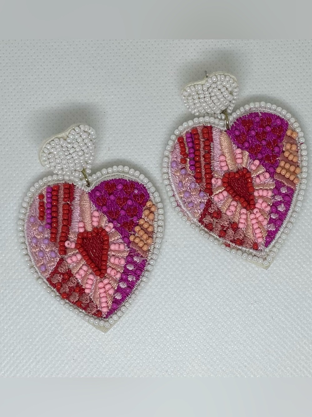 💖Beaded Heart Statement Earrings. Embroidered Valentine Heart. Pink & Red